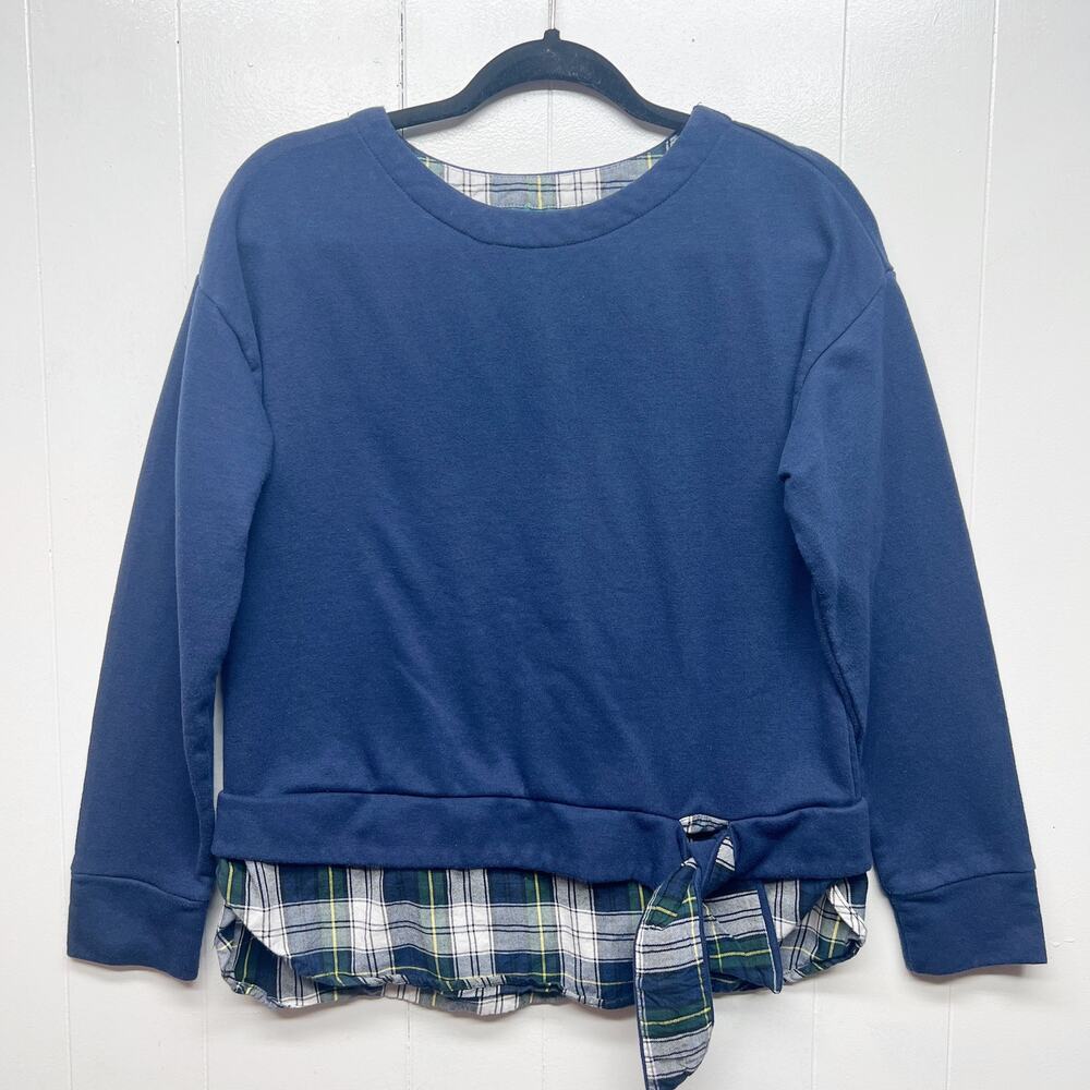 IZOD Mix Media Women's Pullover Blue Flannel Trim Sweater Size Medium